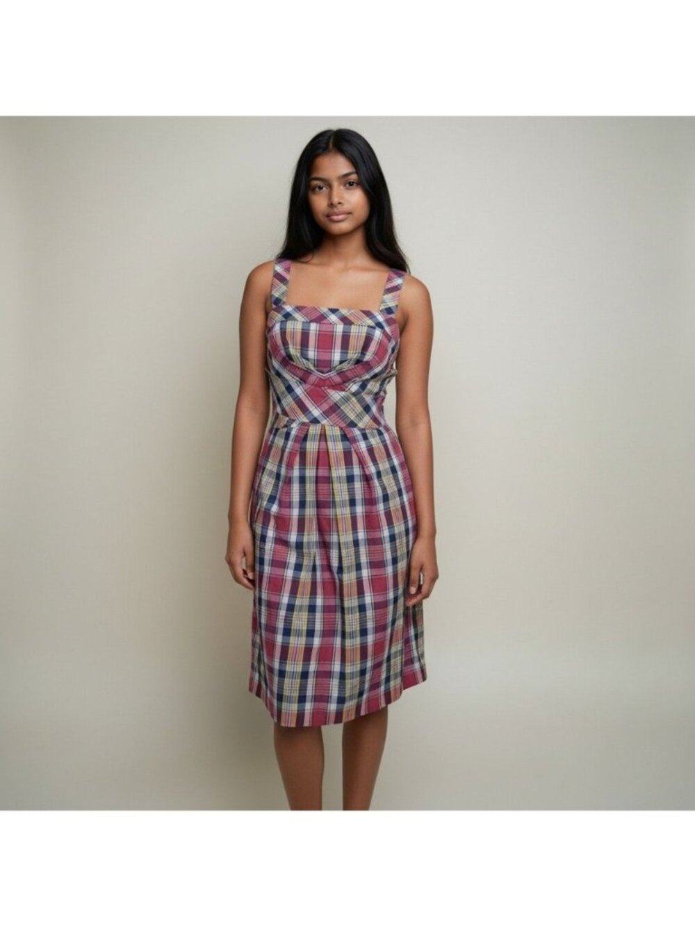 Donna Ricco Womens Plaid Cotton Dress With Back Buttons & Tie Size 6